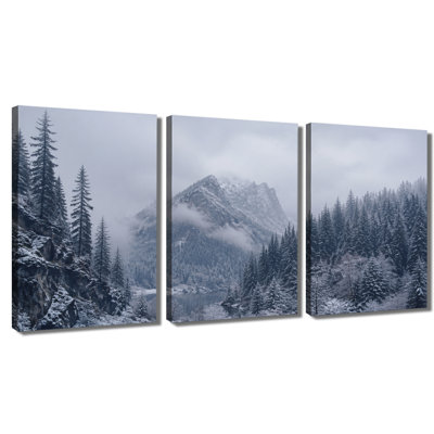 3 panneaux muraux Snowy Mountain Forest, impression sur toile tendue