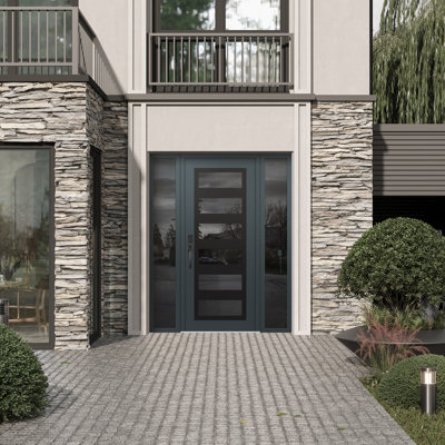 C9 droite 68 po X 80 po Panneau de porte en verre anthracite et gris anthracite à panneau avec 2 portes d'entrée en verre à miroir