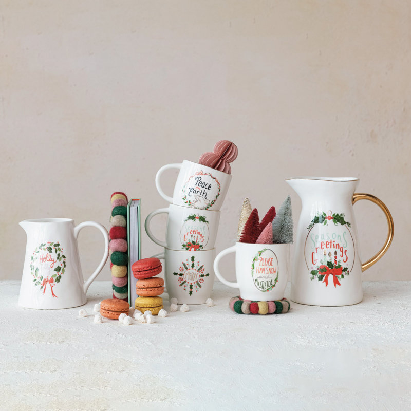 Round Hand-Painted Stoneware Mug with 4 Various Holiday Sayings