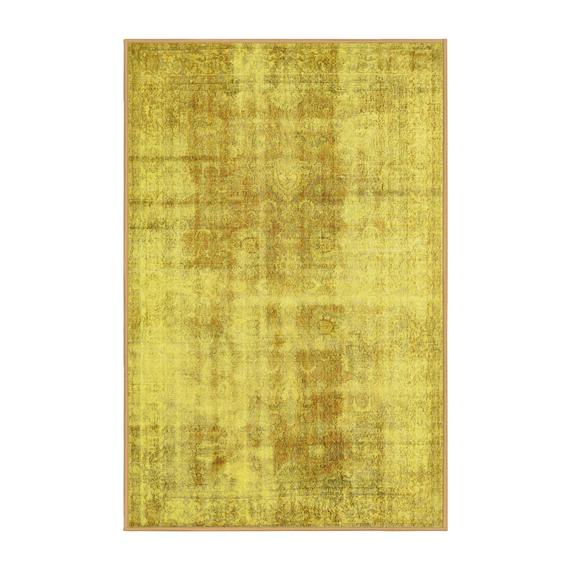 Tapis oriental en laine / polyester tissé à la machine en jaune, Rectangle 5 pi x 8 pi