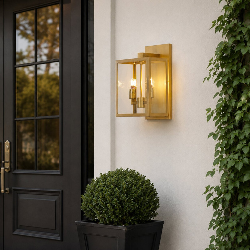 2 Light Black Lantern Wall Sconce With A Clear Glass Shade, Brass, 16.5" H x 9.75" W x 7.75" D