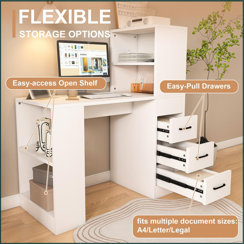 Computer Desk, Modern Office Desk With 3 Drawers, 4 Open Storage Shelves And 4-in-1 Power Outlets, Study Writing Desk, Home Office Desk With Hutch For Study