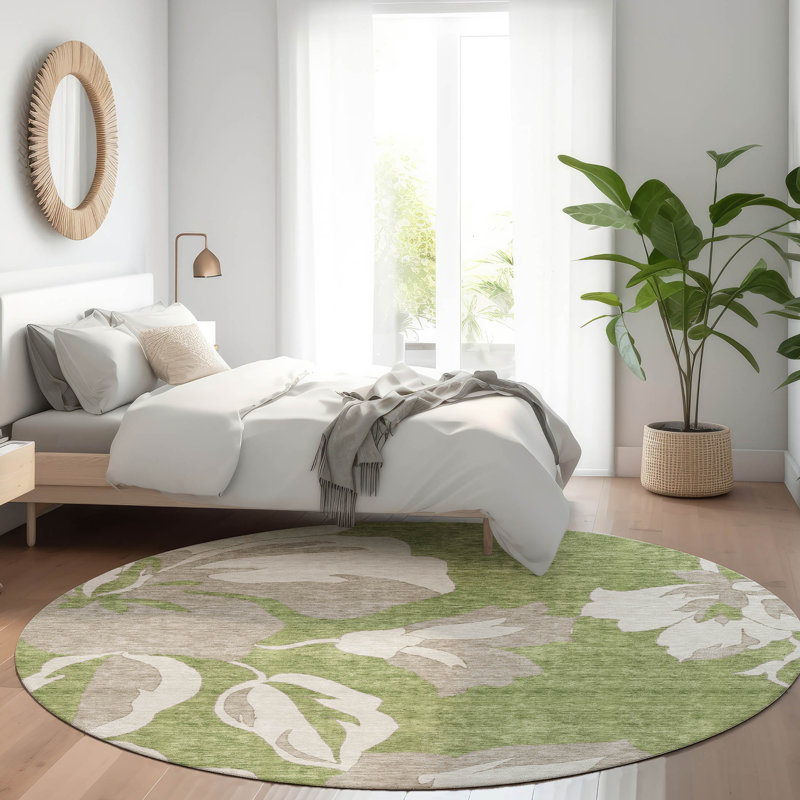 Tapis olive Prisco lavable à la machine de qualité supérieure, Rond 8 pi