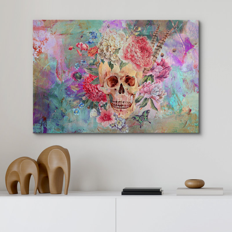 Vie et mort - Fleurs de crâne sur art floral abstrait sur toile, reproduction d'art mural, H 12 po x l 18 po x P 1,5 po