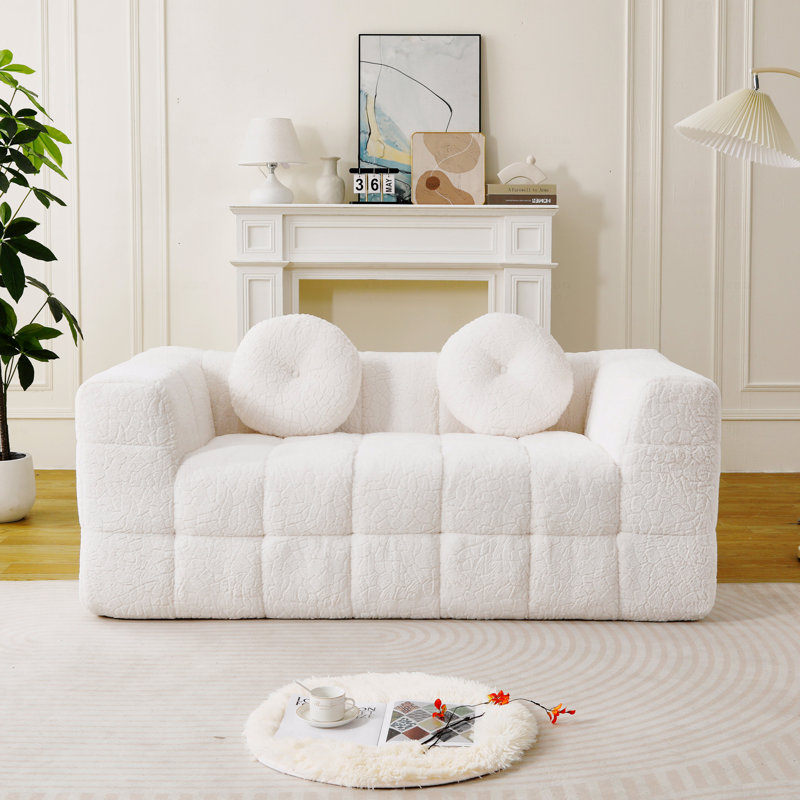 Canapé Boneless Couch, canapé moderne désossé de 66,5 po avec deux coussins décoratifs circulaires, tissu en polyester à poils longs texturé litchi doux pour la peau, canapé à deux places en mousse à carreaux