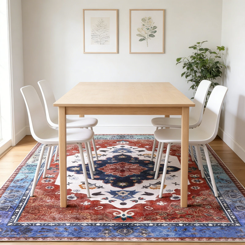 Living Room Rug 8x10 ft Blue and Red Area Rug Machine Washable Rug, Non Slip Vintage Rug Stain Resistant Indoor Large Carpet for Bedroom, Boho Rug, Distressed Retro Floor Rug for Classroom, Dorm, Dining Room