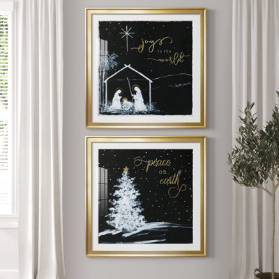 Joy To The World Nativity - Matted and Framed Under Acrylic Glass, Set of 2, Large Living Room Wall Art