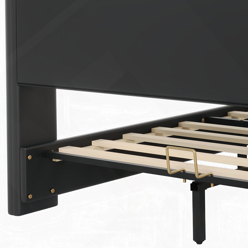 Très grand cadre de lit tapissier en cuir très grand, cadre de lit moderne avec tête de lit à oreilles, lit plateforme tapissier avec pied de lit ondulé, pas de sommier nécessaire, noir