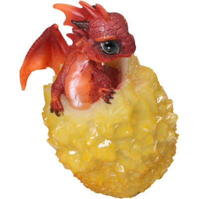 Whimsical Cute Red Baby Dragon Hatchling In Crystal Icicle Golden Egg Figurine