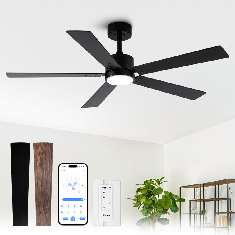Vaczon 52" Smart Dimmable LED Ceiling Fan, APP and Remote Control, 6 Speeds Reversible DC Motor, 3 Color Lights, Timer, Double-sided Wood Blades, 6"/10" Downrods