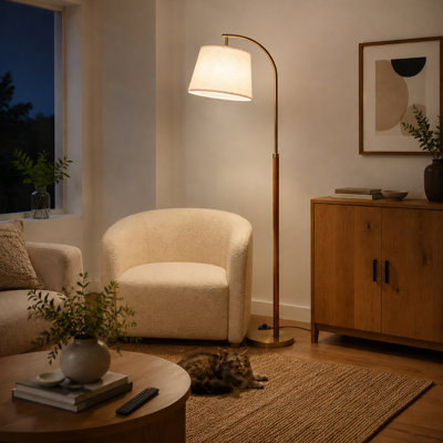 Real Wood Floor Lamps with Linen Shade Smart RGB LED Bulb Standing Tall Arc Lamps with Foot Switch Remote and App Control Living Room Decor