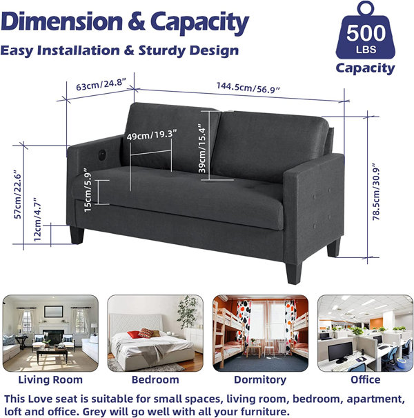 Latitude Run® 57”w Mid Century Modern Couches Living Room Dorm