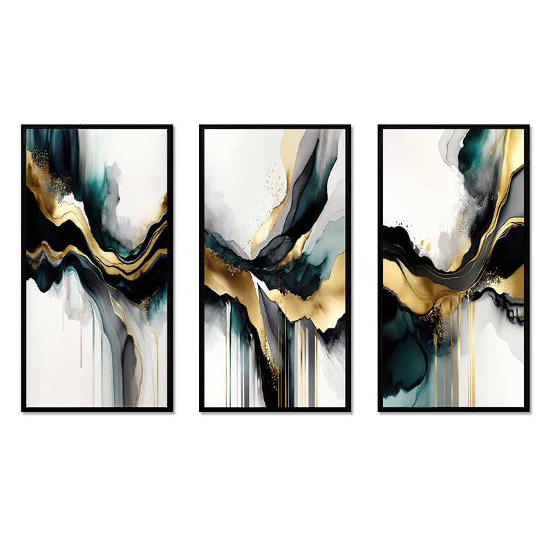 «Abstract Geode Marble White and Gold», 3 pièces sur toile, H 20 po x l 36 po, Noir