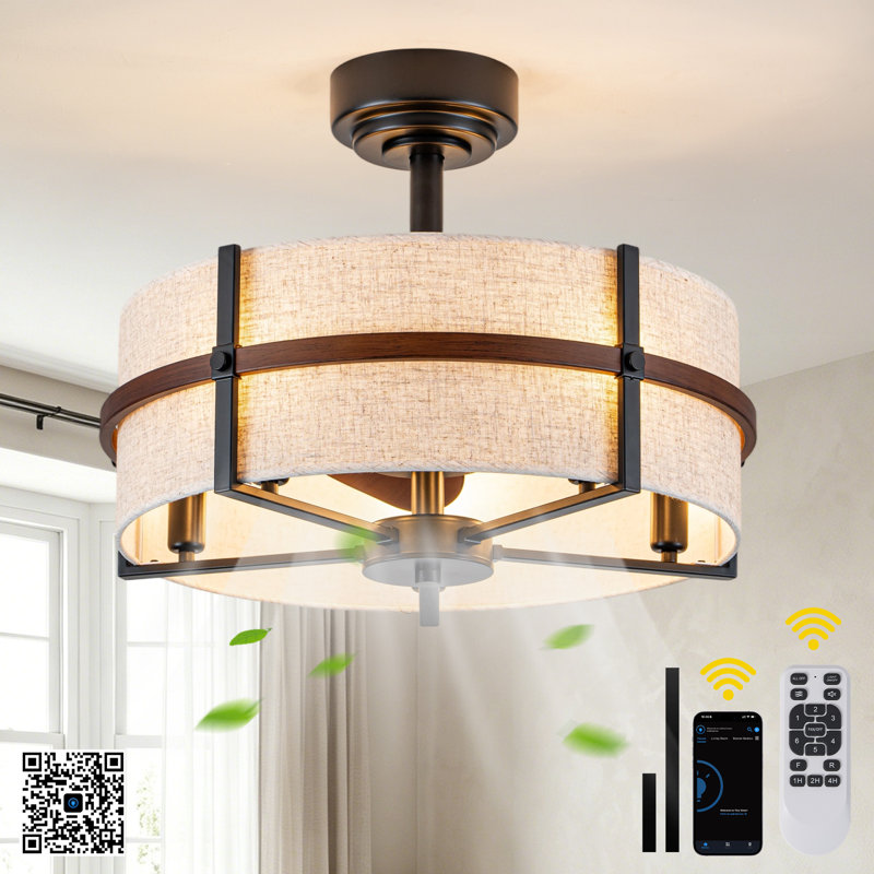 20" Rustic Farmhouse Ceiling Fan with Light and Remote, 6-speed Bladeless Fandelier Reversible Rattan Ceiling Fan for Bedroom