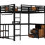 Lit mezzanine grand espace, bureau, rangement, garde-corps, finition rouille, facile à assembler, dortoir avec tiroirs de rangement non tissés noirs, structure, assemblage, petites chambres