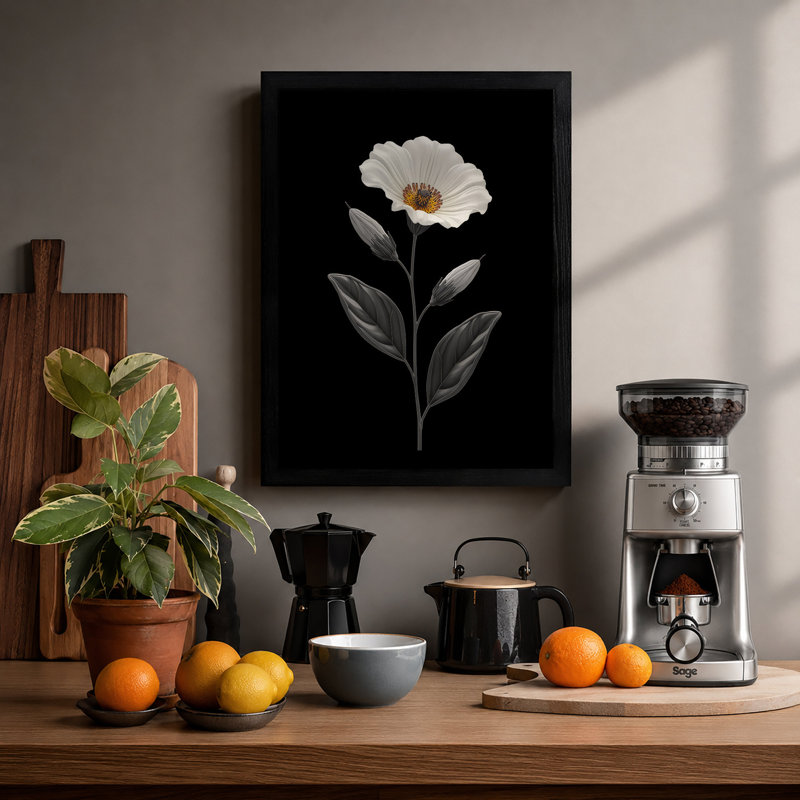 White Bloom Study Botanical - Framed Print, A1 - 84.1 x 59.4 cm, Black