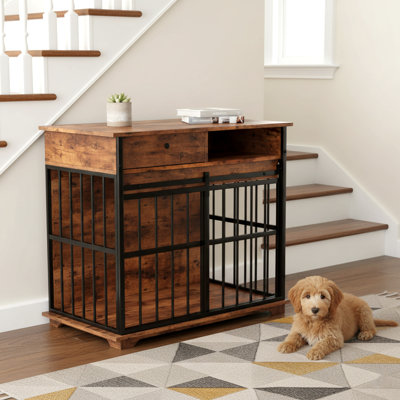 Grand meuble cage en bois avec tiroir de rangement pour chiens de taille moyenne et grande, noyer