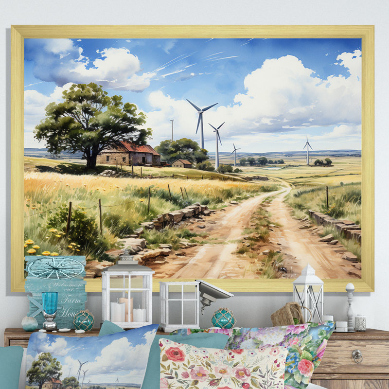 «Barn Wind Turbines Meadow Whispers», reproduction sur toile, H 12 po x l 20 po x P 1 po, Cadre doré à une seule photo