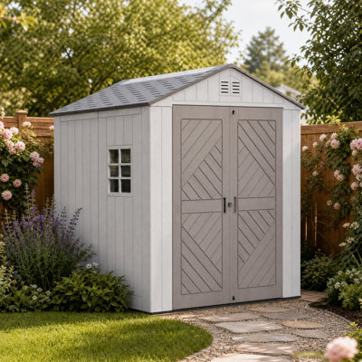 74.1"W x 73.4"D Weather-Resistant Resin Storage Shed with Floor, Lockable Outdoor Garden Shed for Lawn Mower, Bikes, Tools & Pool Supplies