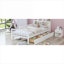 Lit simple en bois massif avec garde-corps de sécurité et plusieurs compartiments de rangement, blanc doux