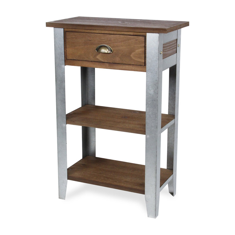 Table d'appoint en bois et en métal rustique Temba, 1 tiroir et 2 tablettes, de style campagnard avec pieds en acier