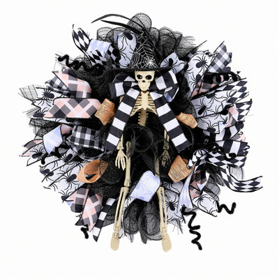 15.75 Inch Halloween Skeleton Wreath with Plaid Ribbon & Spider Mesh for Front Door Decor