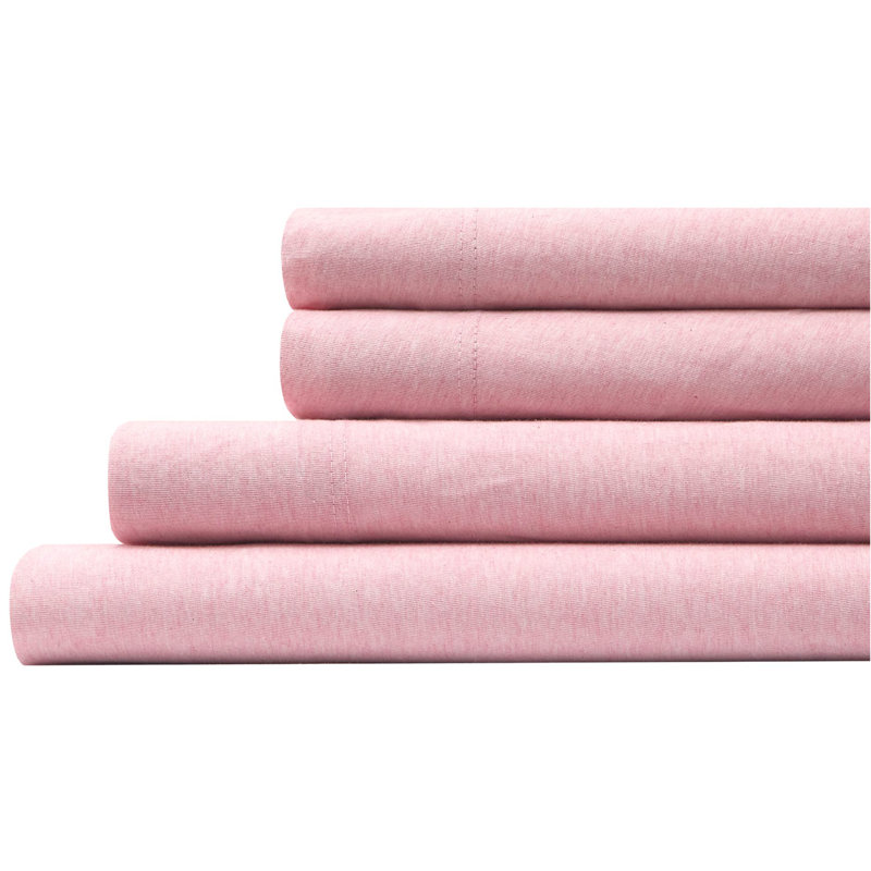 Aeropostale Cotton-Rich Heathered Jersey 4 Piece Sheet Set – Soft T-Shirt Feel, Heathered Pink, Full, Pink