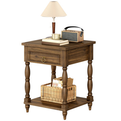 Table de bout de 23,8 po de hauteur avec rangement, pieds en bois massif avec tiroir