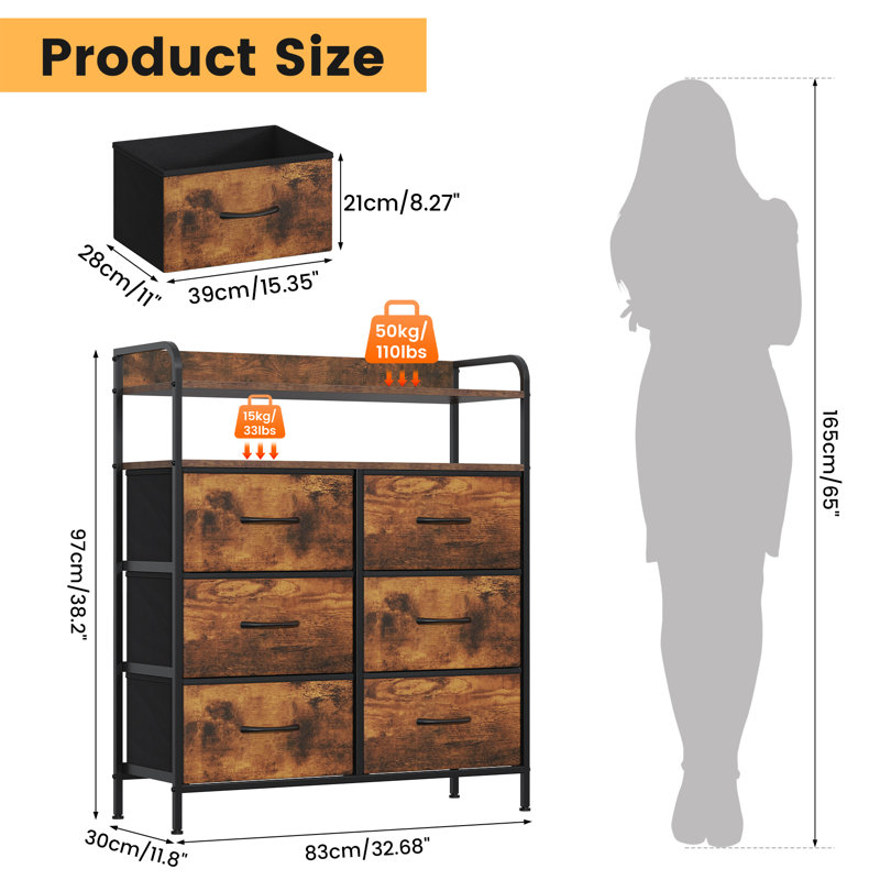 30 cm W Chest of 6 Drawers, Rustic Brown