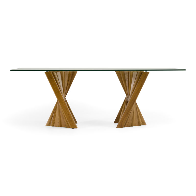 Avanicole Rectangular Glass Top with Solid Wood Base Dining Table, Walnut
