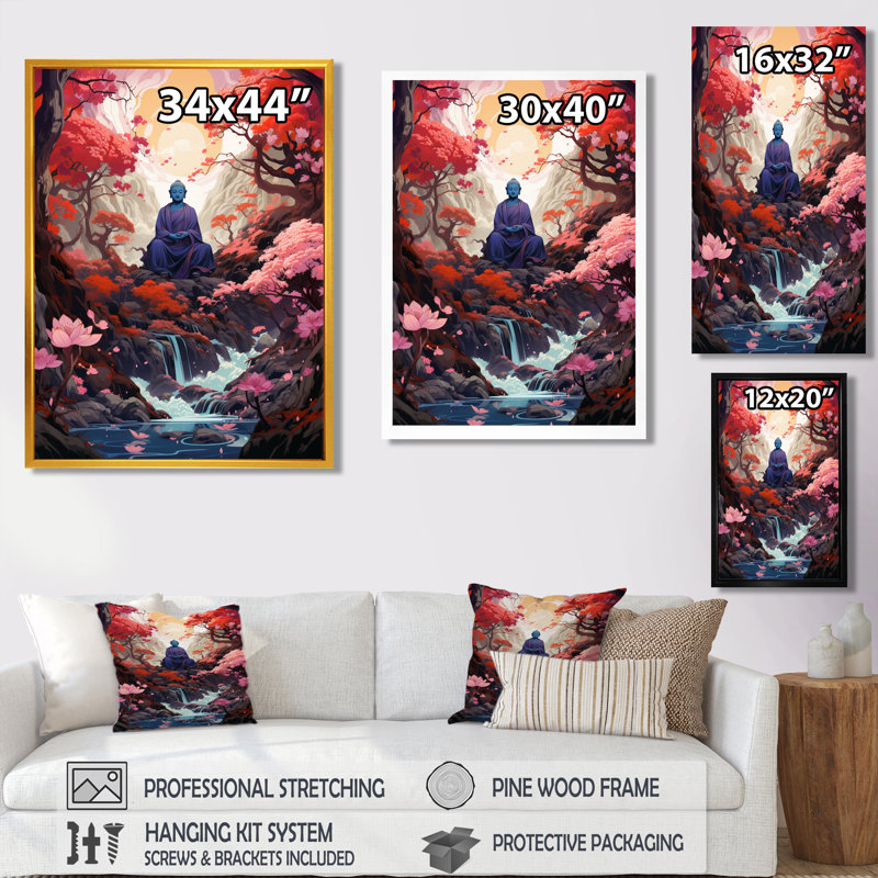 Bouddha mauve en fleurs, paysage d'automne, art mural bouddhisme, H 20 po x l 12 po x P 1 po, Toile avec cadre flottant noir