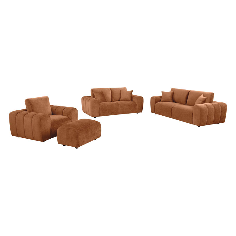 Ensemble de salon Histoire orange brûlé 4 pièces comprenant canapé, causeuse, fauteuil et pouf