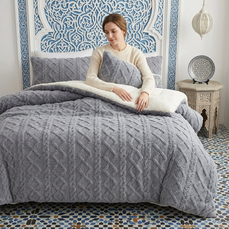 Édredon réversible en peluche gaufrée, épaisse couverture chaude moelleuse en gris, 53 po x 79 po, Lit simple, Gris
