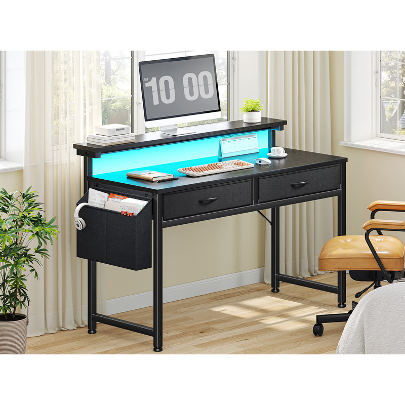 Small Computer Desk With 2 Drawers & LED Lights,Home Office Desks With Side Pocket And Monitor Stand, Brown