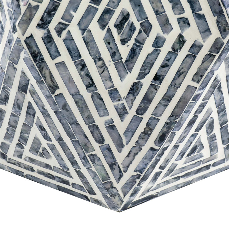 Tabouret de salon hexagonal noir / blanc, 16 x 14 x 18 po, incrusté, table d'appoint décontractée, style