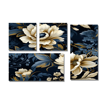 Pivoines bleues, motif damassé royal, art mural traditionnel, 4 pièces