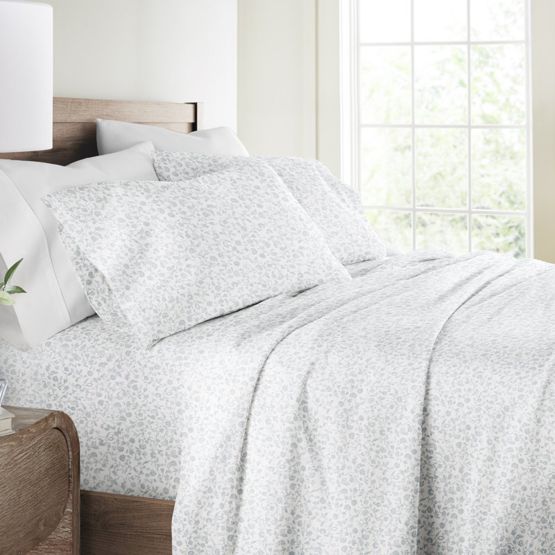 Vintage Washed 100% Long-Staple Sateen Cotton Sheet Set - Rustic Jacobean Flowers, Light Blue