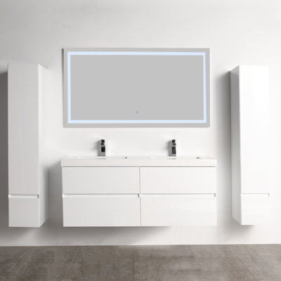 Ensemble de meuble-lavabo à double cuve mural blanc brillant 48 po Blossom