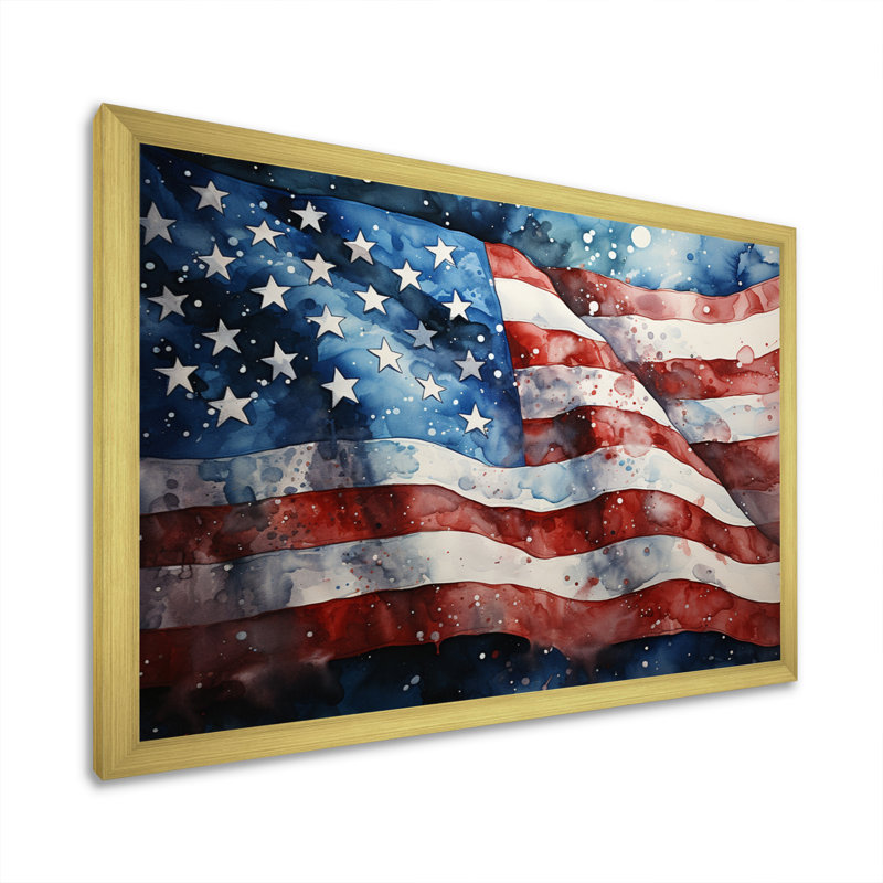 Drapeau américain drapeau III - drapeau États-Unis, art mural pour le salon, Cadre doré simple, H 34 po x l 44 po x P 1,5 po
