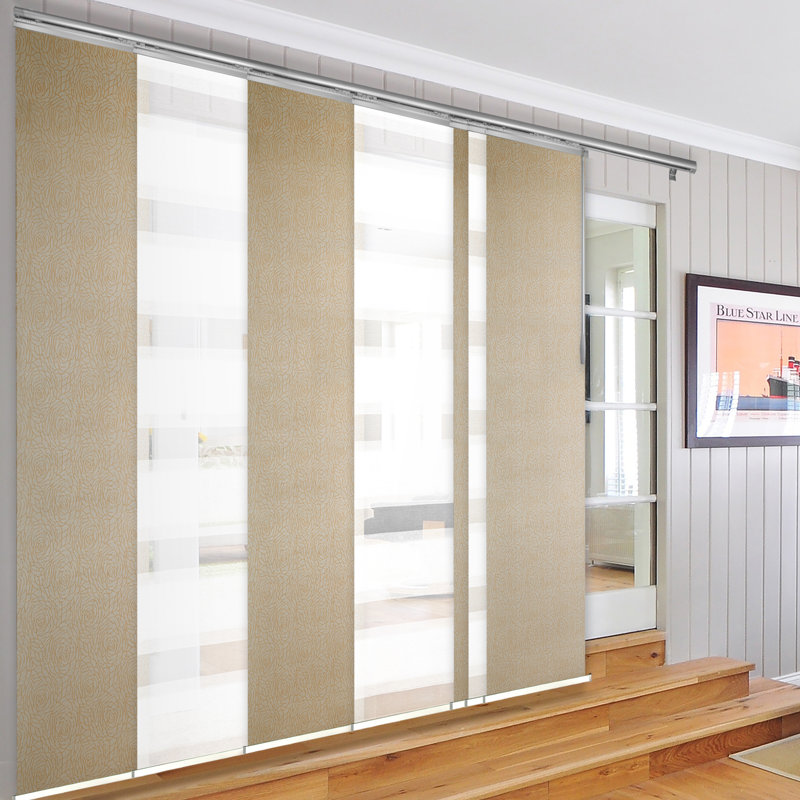 7-Panel Single Rail Panel Track Extendable 110"-153" W x 94"H, Panel Width 23.5", Macadamia, Marisol, Satin Nickel