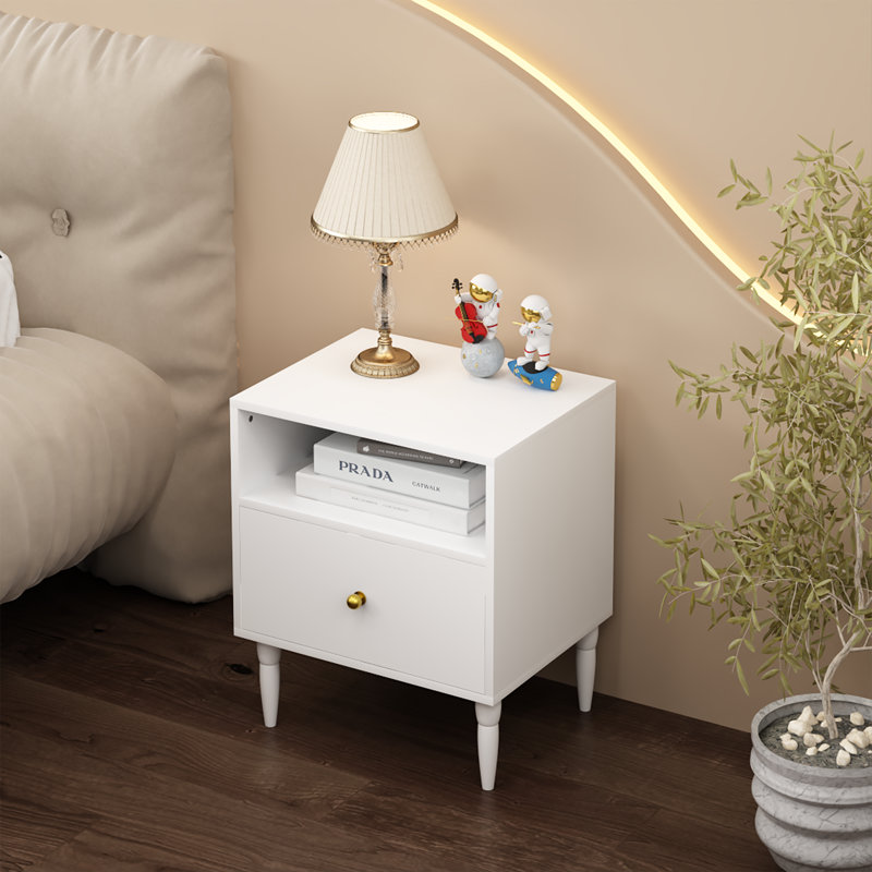 Table de chevet blanche moderne avec tiroir et tablette ouverte, table de chevet avec bouton doré, pieds en bois massif, petite table de bout pour la chambre à coucher, salon