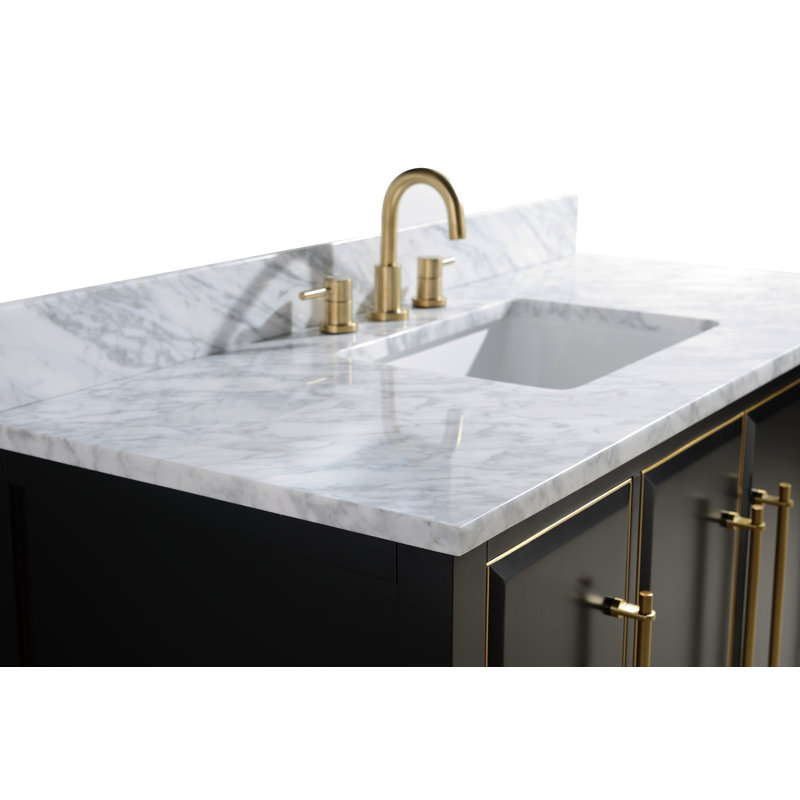 Ensemble de meuble-lavabo simple 49 po avec miroir Ewen, Noir, Or mat, Blanc de Carrare