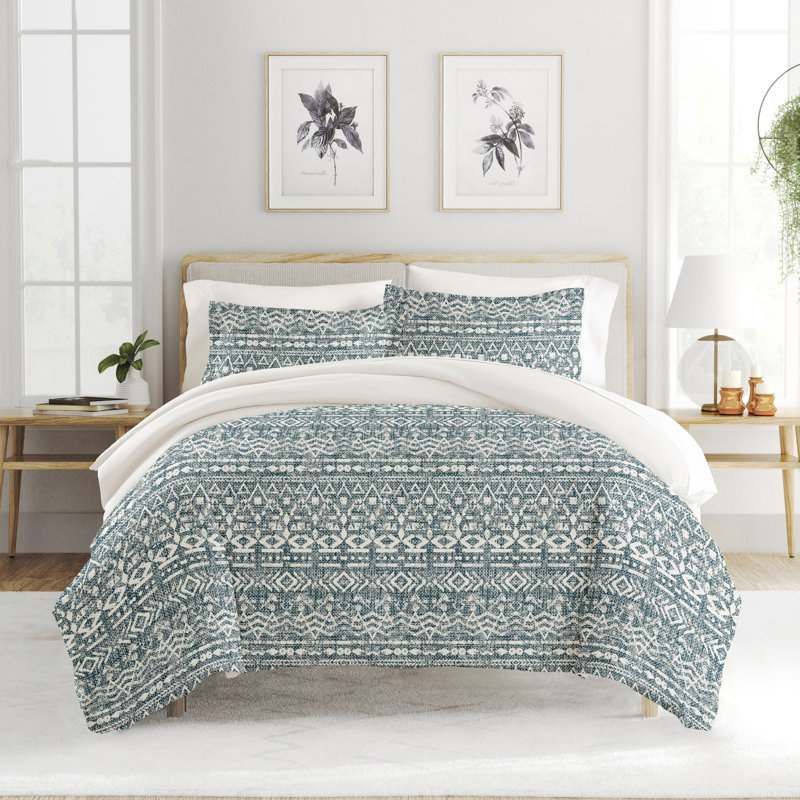 Super Soft Microfiber Duvet Cover Set, Blue/White Geometric Shapes, Queen Duvet Cover + 2 Shams