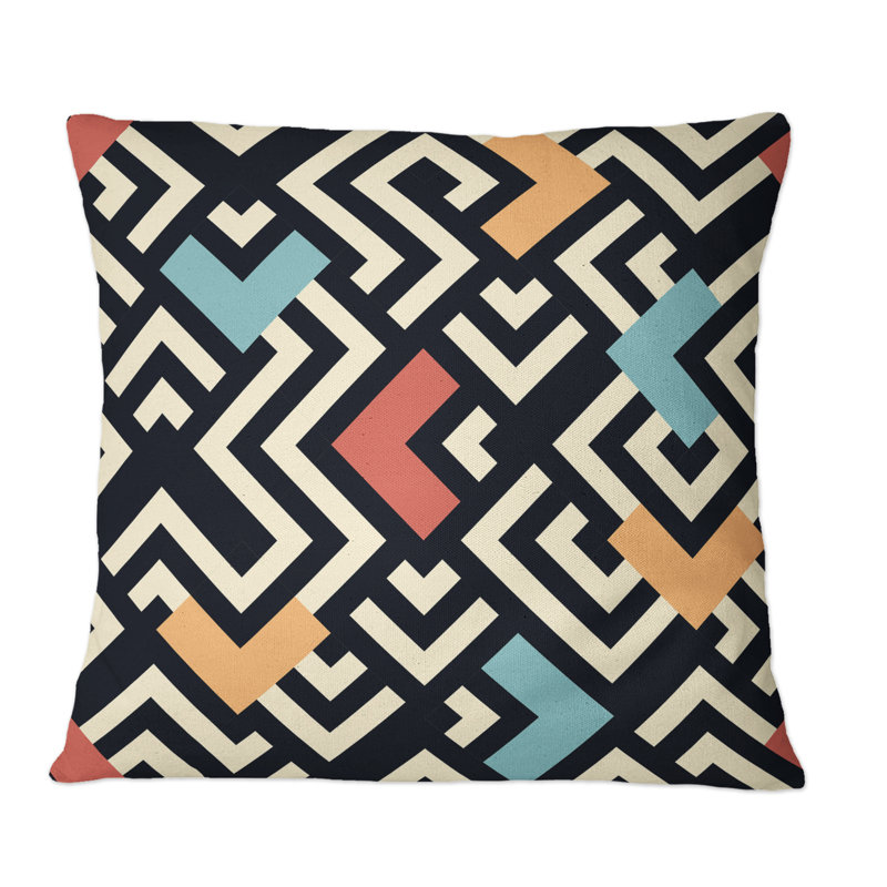 Coussin décoratif à motif géométrique bleu, rouge et orange III, 16 po x 16 po