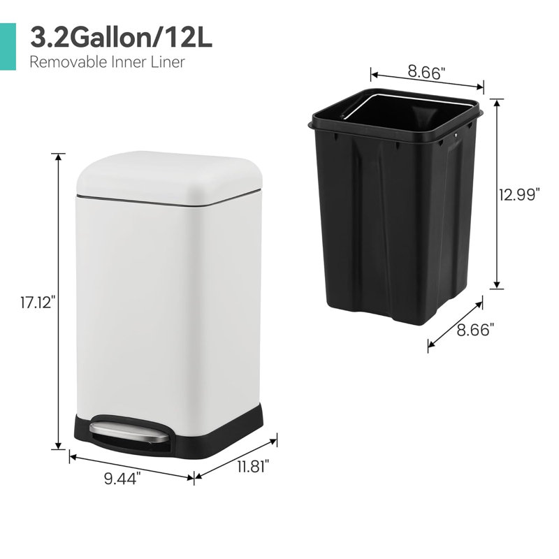 12L Smudge and Fingerprint-Resistant Rectangular Trash Can with Soft-Close Foot Pedal