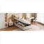Lit plateforme tapissier à rayures verticales moderne, taille simple avec rangement hydraulique sous le lit, finition beige