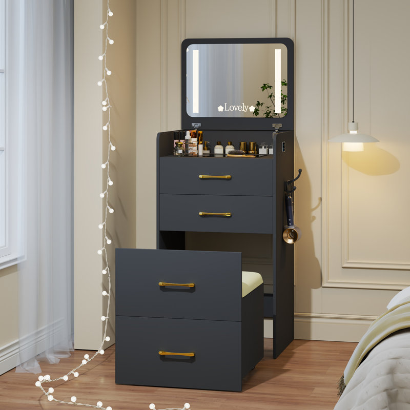 Meuble-lavabo compact 3-en-1 avec miroir, tiroirs de rangement et tabouret - Petite coiffeuse avec lumières pour chambre à coucher ou dortoir