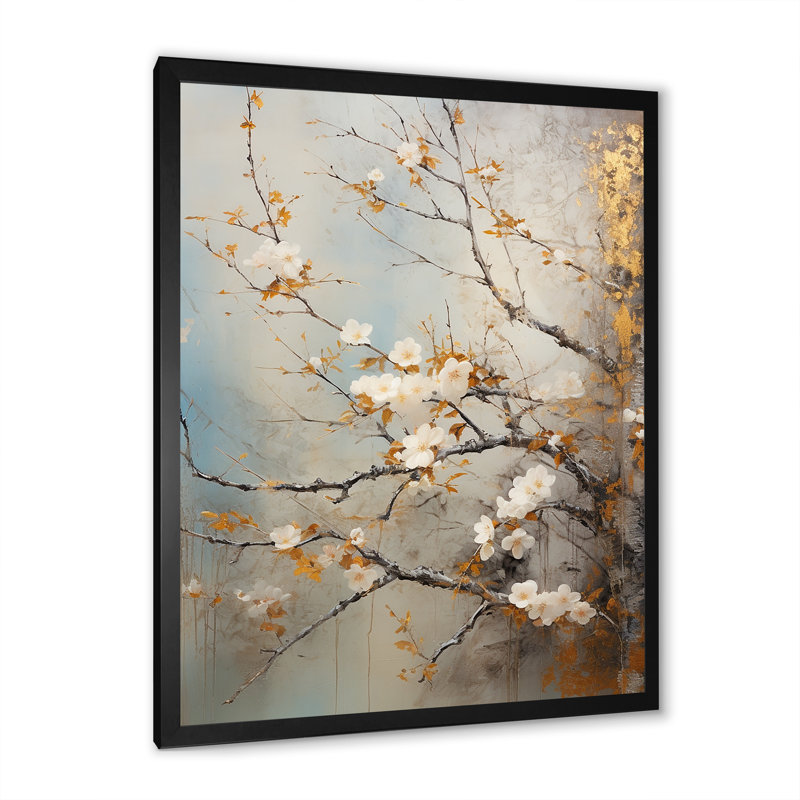 Oiseaux blancs sur un arbre floral I - oiseau, art mural, Cadre simple noir, H 32 po x l 16 po x P 1 po