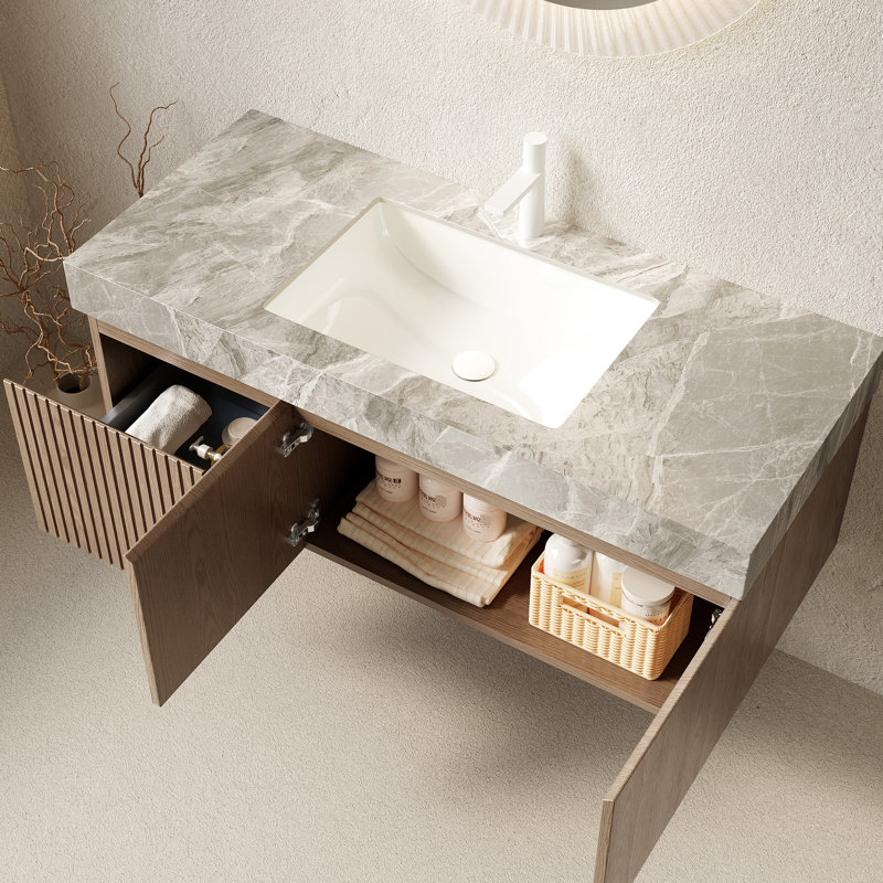 Meuble-lavabo 48 po avec meuble de rangement flottant, comptoir en pierre frittée, lavabo en céramique, un trou de robinet, pré-assemblé, style luxueux, plateau à haute température, surface de lavabo lisse, imperméable