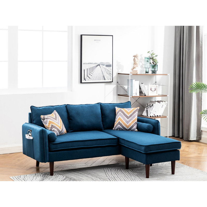 Méridienne modulaire bleue avec coussins - revêtement en lin, pieds en bois massif, sièges rembourrés de mousse, réversible, profondeur de siège de 20 po, pochette pour tablette, hauteur de 17 po, 4 coussins décoratifs, ressorts ensachés 70 po
